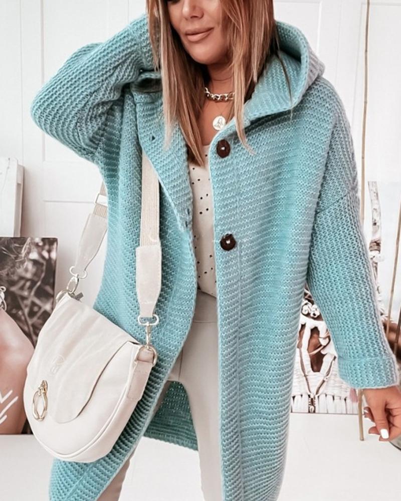 

Long Sleeve Button Front Hooded Cardigan, Blue
