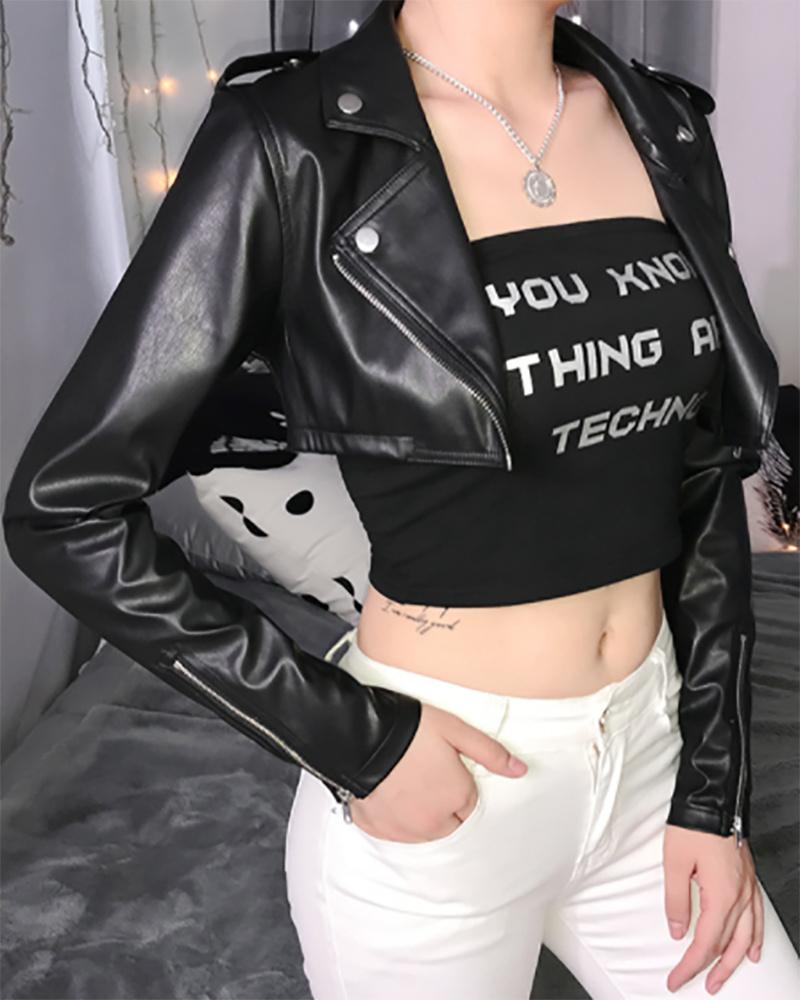 

PU Leather Zipper Design Crop Jacket, Black
