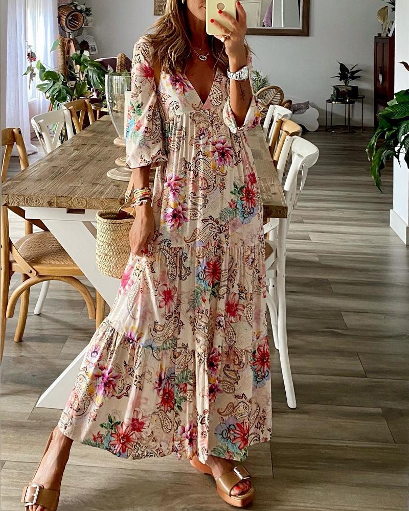 

Paisley Floral Print Deep V-Neck Maxi Dress, Apricot