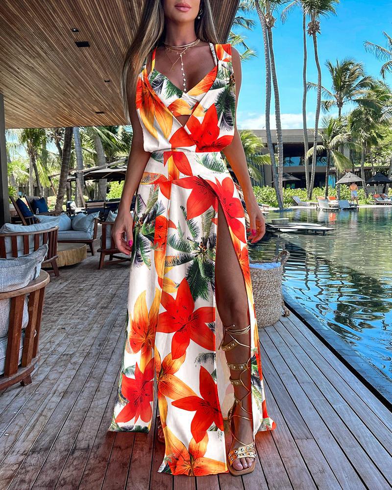 

Tropical Print Sleeveless High Slit Maxi Dress With Bra Top, Multicolor