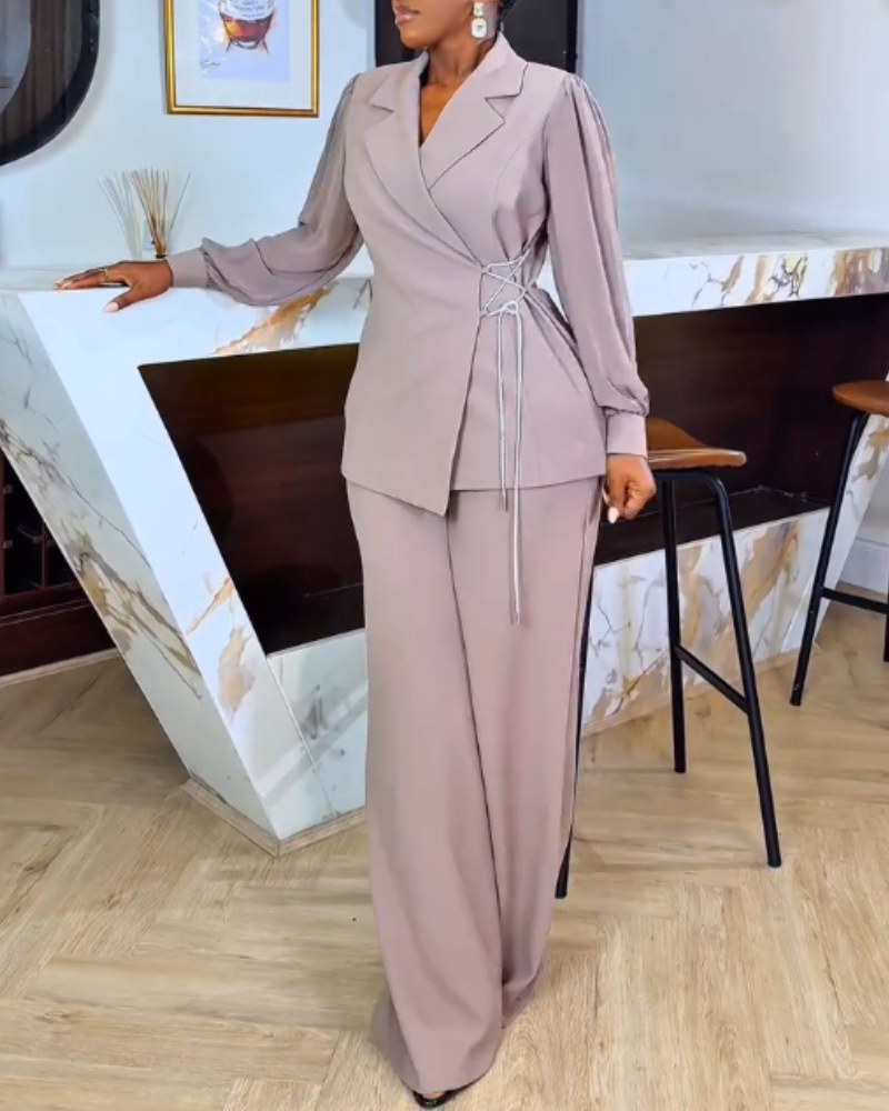 

Ensemble 2 pièces avec col cranté superposé, manches lanternes en maille, manteau latéral à lacets et braguette zippée décontractée, pantalon à jambes larges, ensemble blazer décontracté, Light khaki
