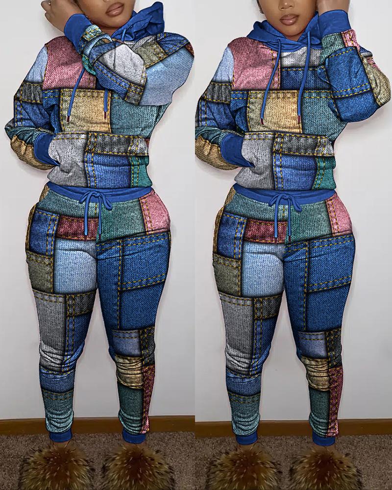 

Denim Look Print Long Sleeve Hoodie & Pants Set, Blue