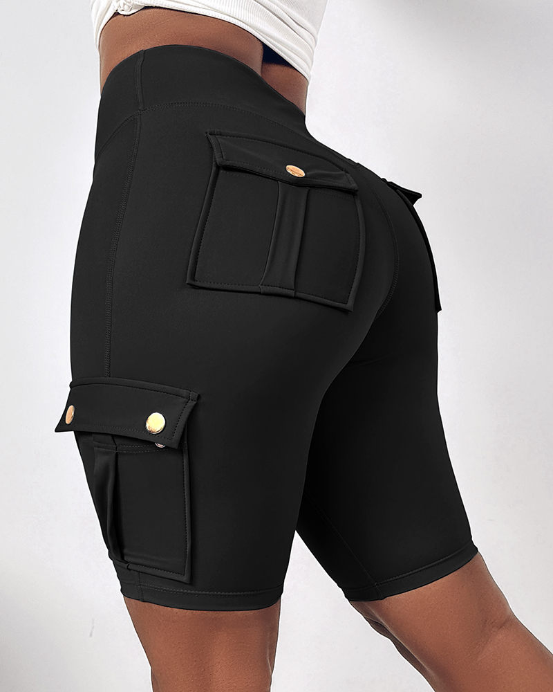 

Tummy Control Butt Lifting Active Shorts High Waist Flap Pocket Workout Bermuda Cargo Running Shorts, Black