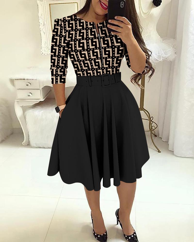 

Geometric Print Colorblock Zipper Design Work Dress, Khaki