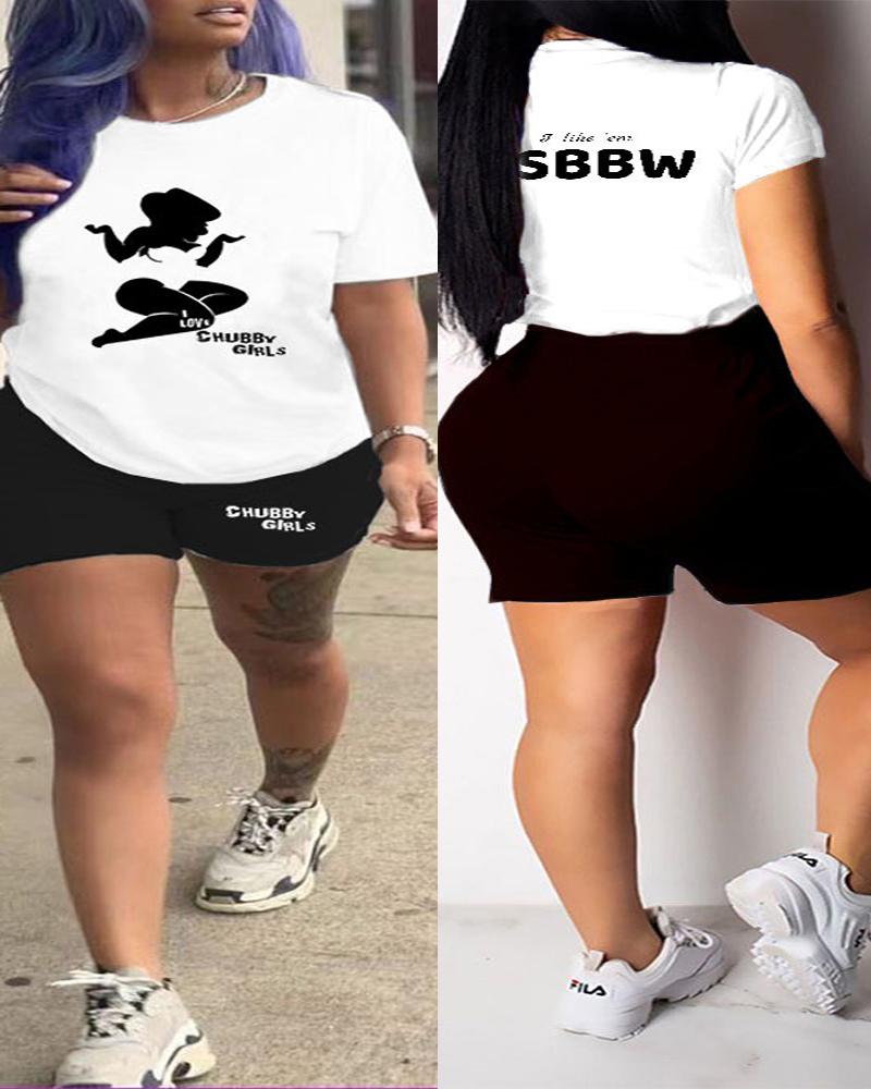 

Plus Size I Love Chubby Girls Print Casual Top & Shorts Set, Black