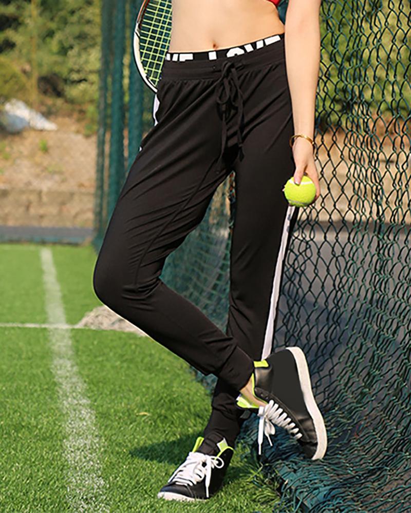 

Striped Colorblock Letter Waist Casual Pants, Black