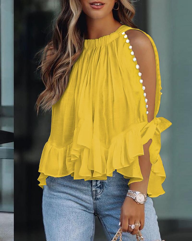 

Ruffle Hem Beaded Decor Split Sleeve Top, Yellow