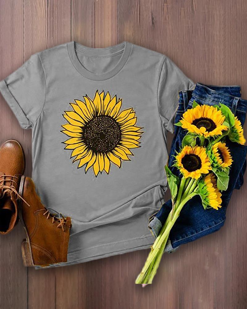 

Sunflower Print Short Sleeve T-shirt, Gray