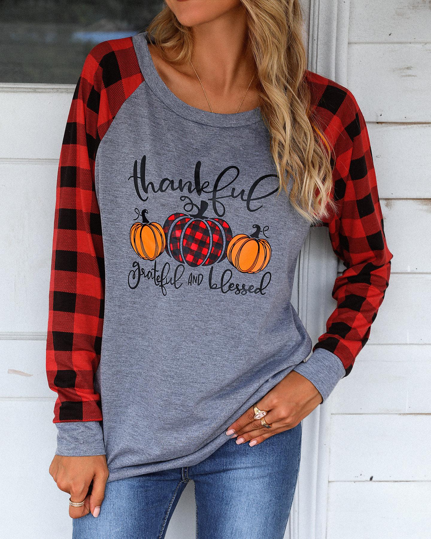 

Halloween Letter Pumpkin Plaid Print Casual Top, Gray