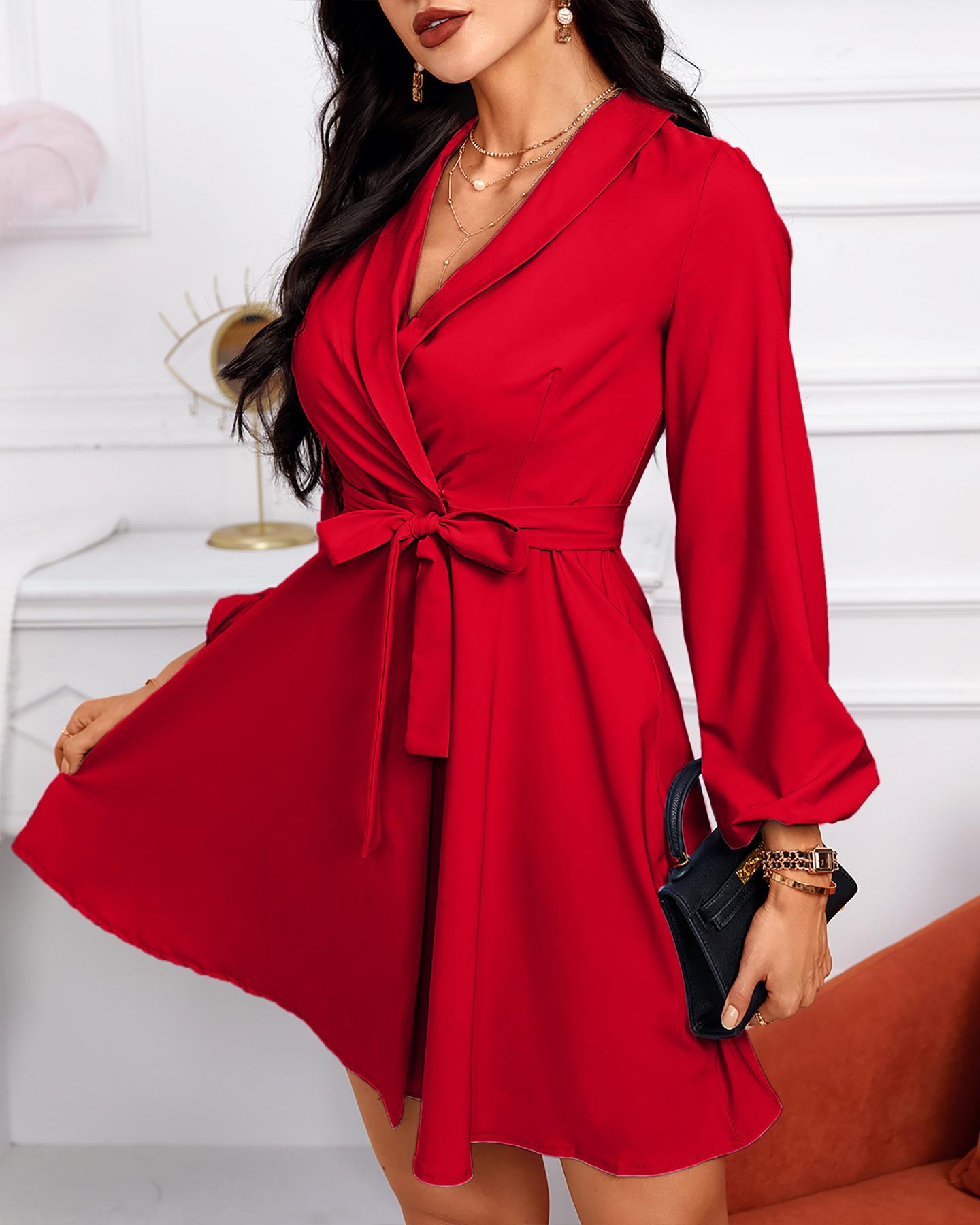 

Long Sleeve Work Dress With Belt, Red