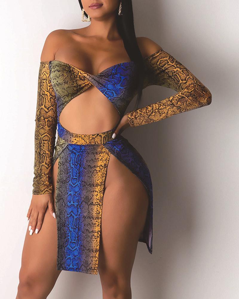 

Off Shoulder Cutout Printed Slit Dress, Blue