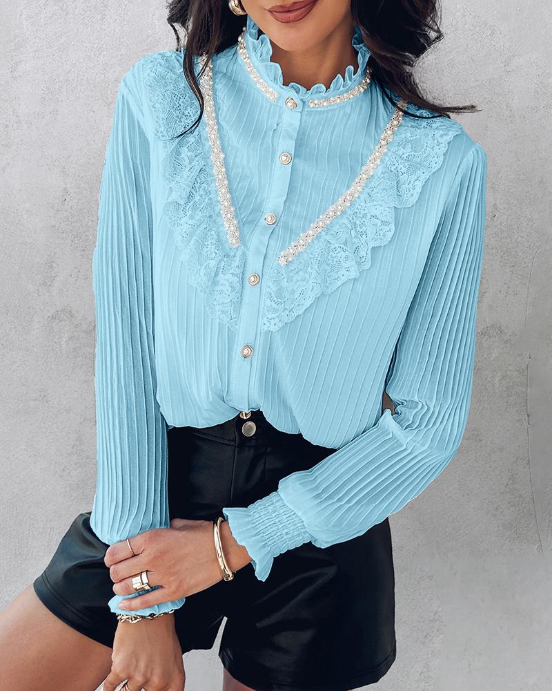 

Blusa elegante con cuello alto, mangas farol, encaje con cuentas y dobladillo fruncido, Blue