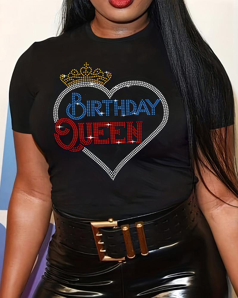 

Rhinestone Birthday Party Heart Crown Pattern Crew Neck T-shirt, Black