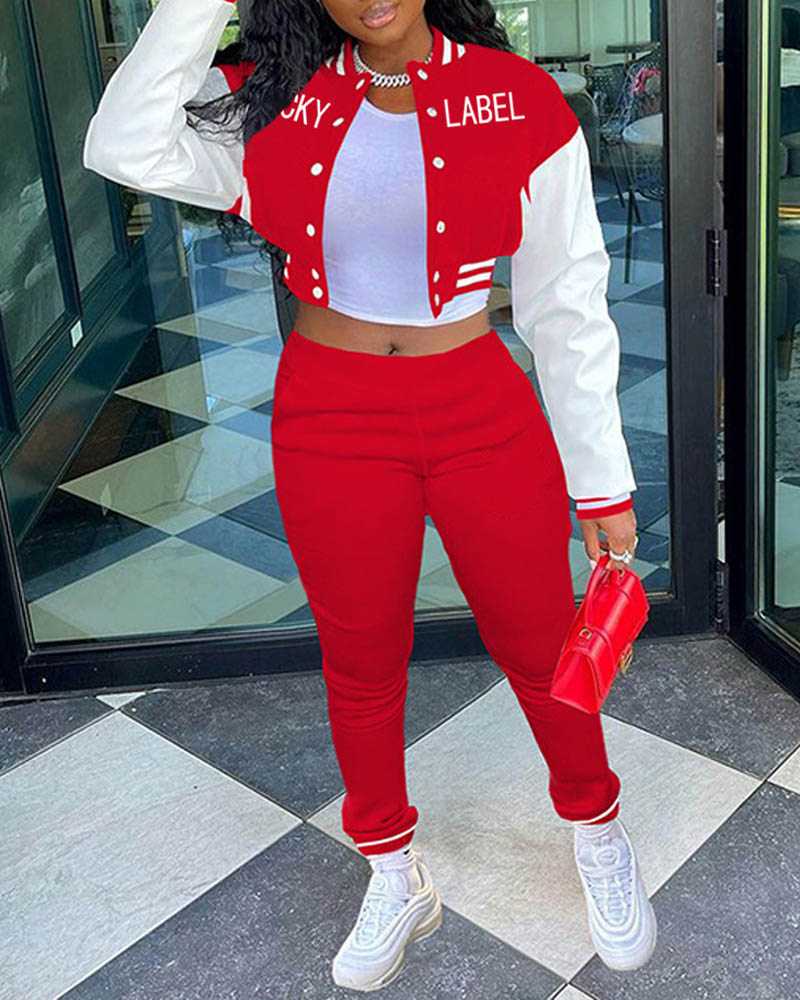 

Letter Print Striped Trim Bomber Jacket & Pants Set, Red