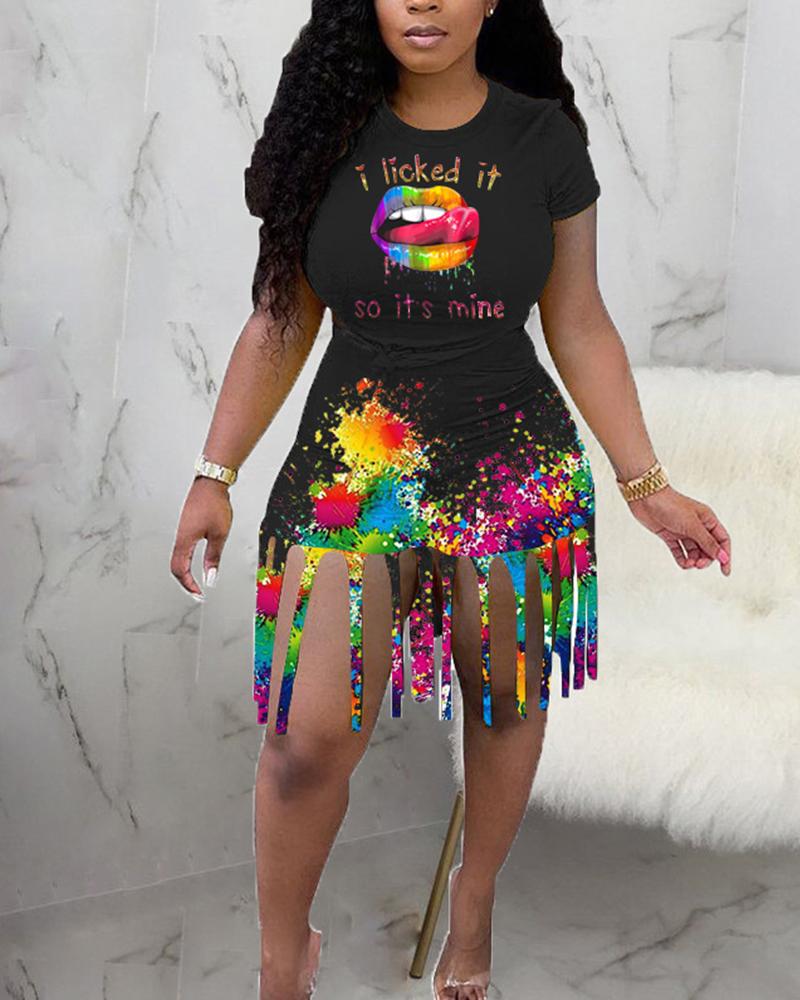 

Mouth Print Ink Splash Top & Fringe Skirt Sets, Black