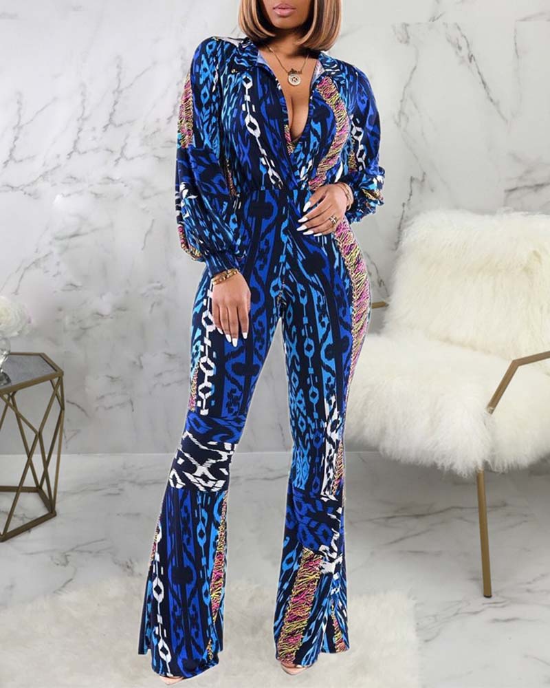 

Lantern Sleeve Graphic Print Colorblock Bootcut Jumpsuit, Blue