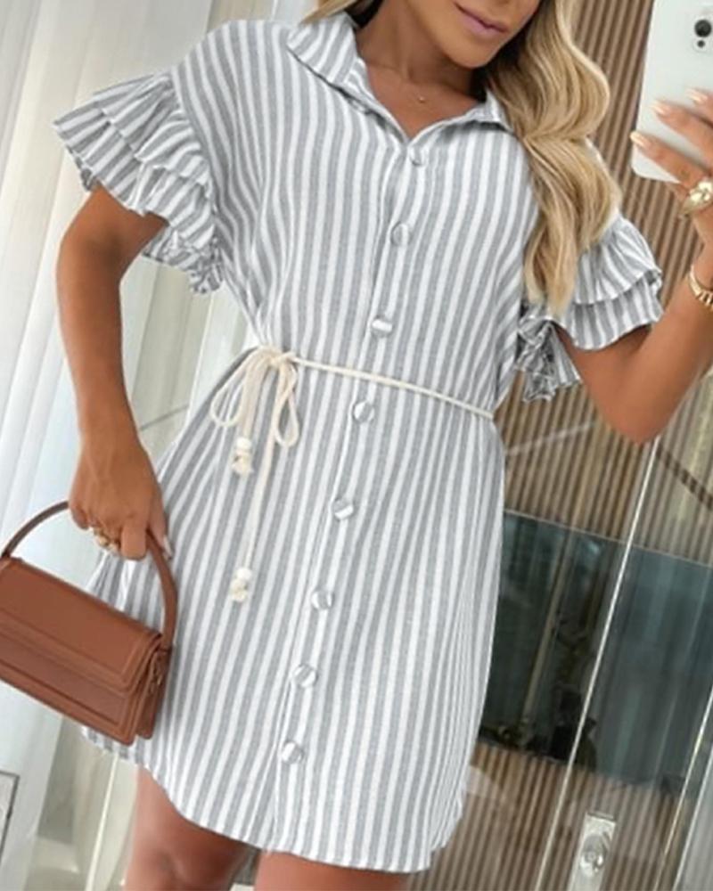 

Striped Ruffle Hem Buttoned Shirt Dress, Light gray