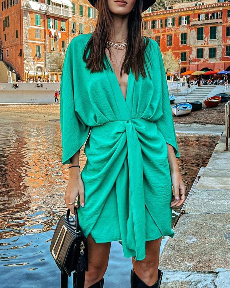 

Cloak Sleeve Knot Front Casual Dress, Green