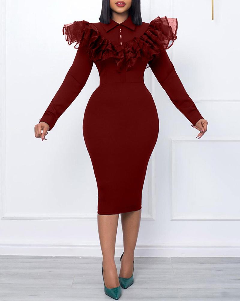 

Ruffle Hem Long Sleeve Buttoned Party Dress, Wine red