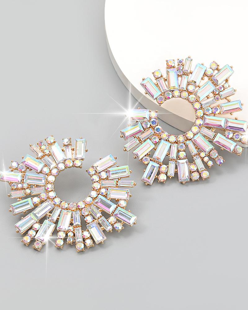 

1Pair Geometric Shaped Colorful Rhinestone Earrings, Silver