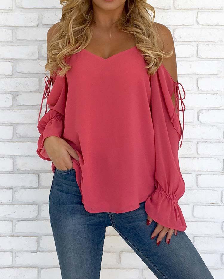 

Spaghetti Strap Open Shoulder Casual Blouse, Wine red