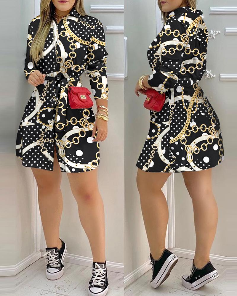 

Chain Polka Dot Print Button Down Shirt Dress, Black