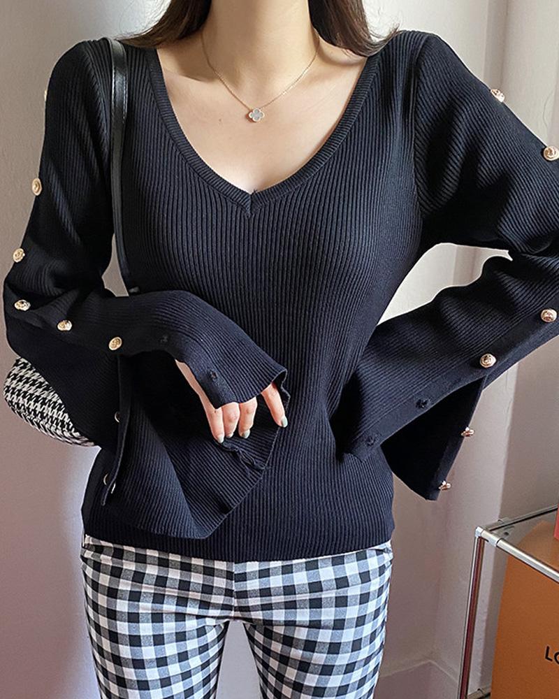 

V-Neck Buttoned Bell Sleeve Knit Top, Black