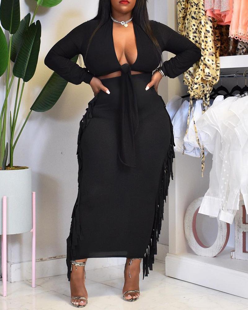 

Knotted Crop Top & Tassel Design Skirt Set, Black