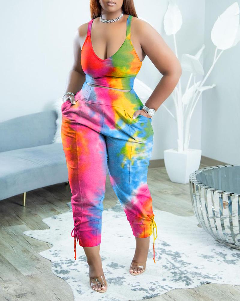 

Plus Size Tie Dye Print Crop Top & Eyelet Lace-up Pants Set, Pink
