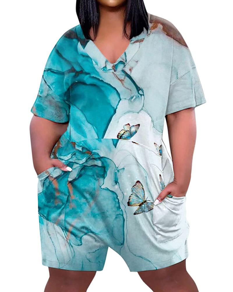 

Plus Size Marble Butterfly Print Romper, Blue