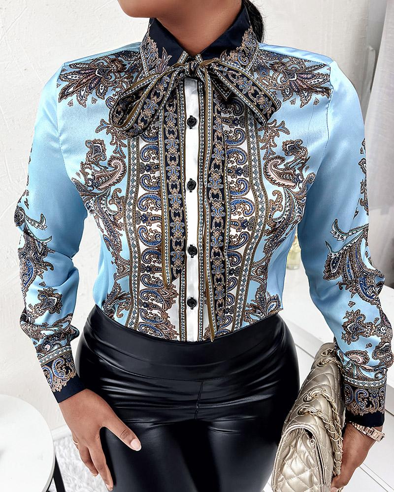

Baroque Paisley Print Long Sleeve Button Down Retro Shirt, Blue