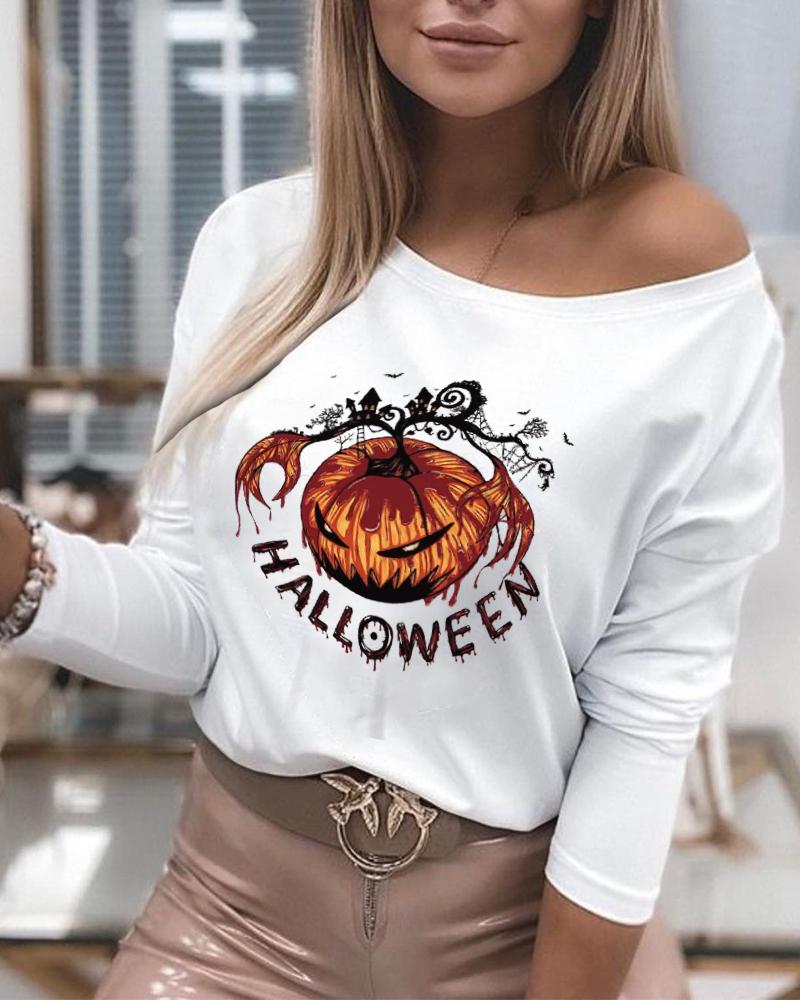 

Women' Halloween Pattern O-neck Long Sleeve Top, White