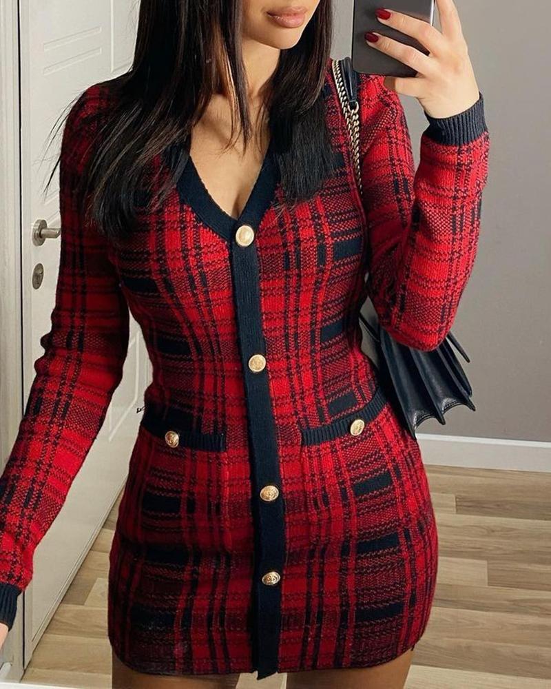 

Plaid Button Design Long Sleeve Bodycon Dress, Red