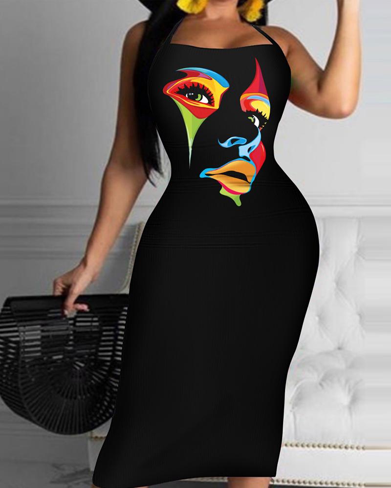 

Abstract Figure Print Spaghetti Strap Bodycon Dress, Black