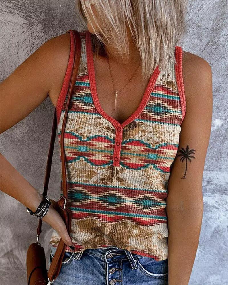 

Aztec Geometric Print Buttoned Casual Tank Top, Multicolor