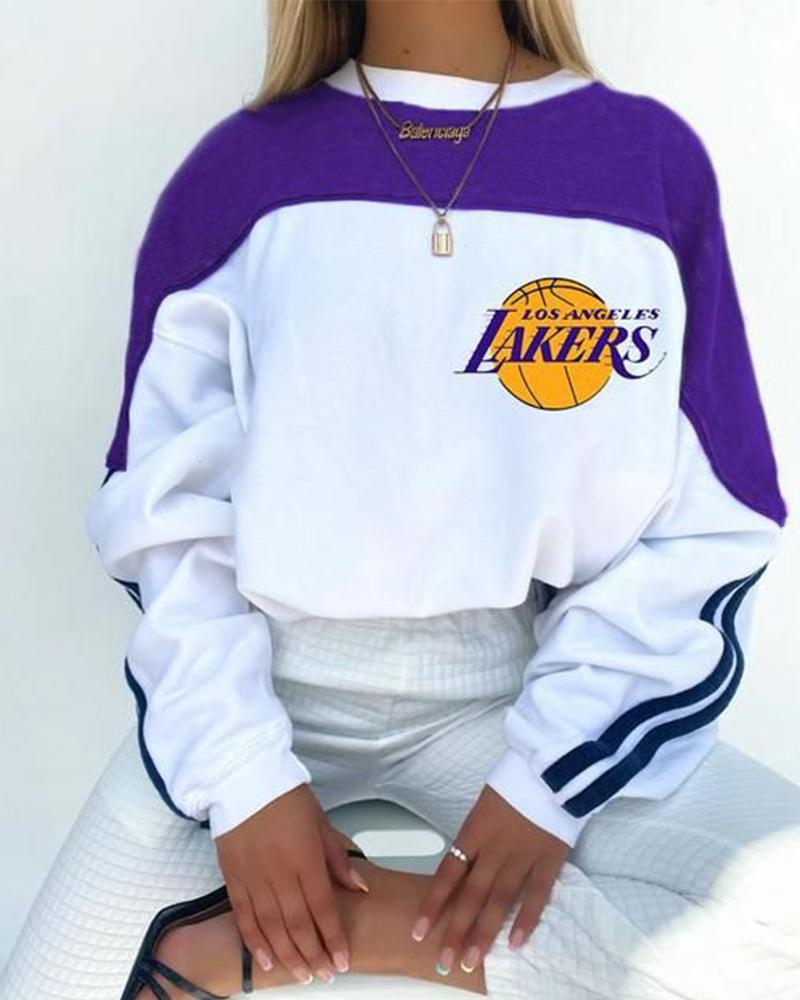 

Lakers Print Long Sleeve Loose Sweatshirts, White