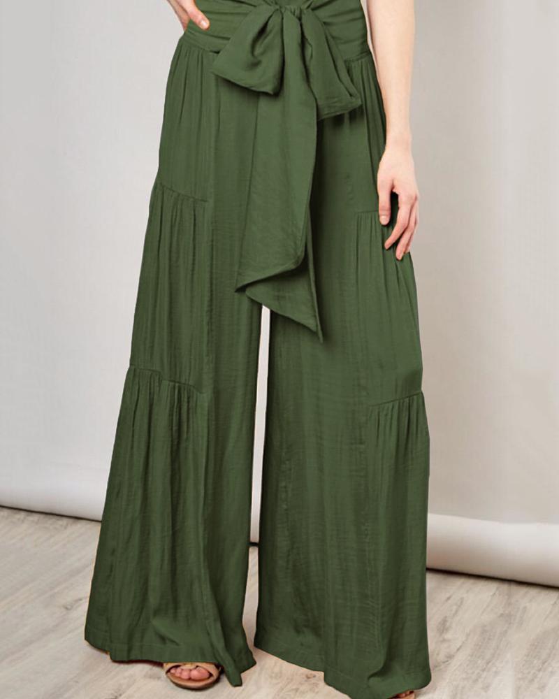 

High Waist Ruched Tied Detail Wide Leg Pants, Army green