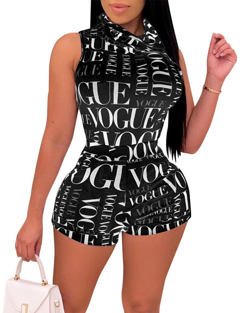 

Letter Print High Neck Sleeveless Top & Shorts Set, Black