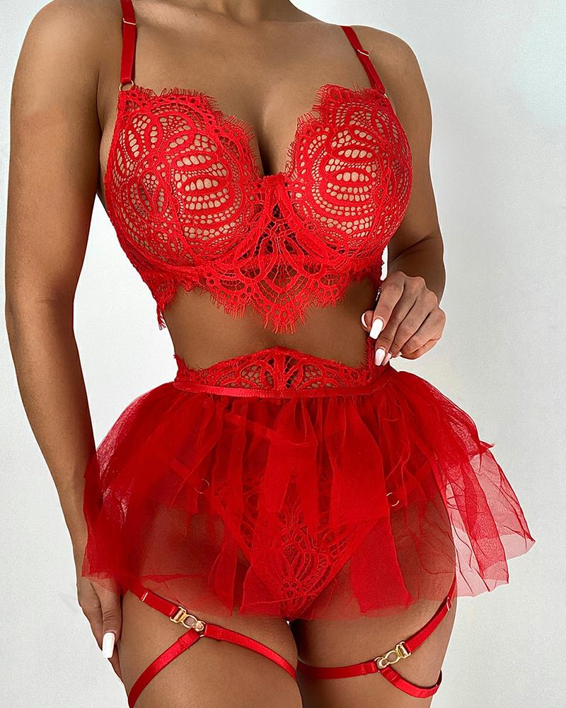 Ensemble de lingerie jarretière en dentelle avec patch en maille transparente