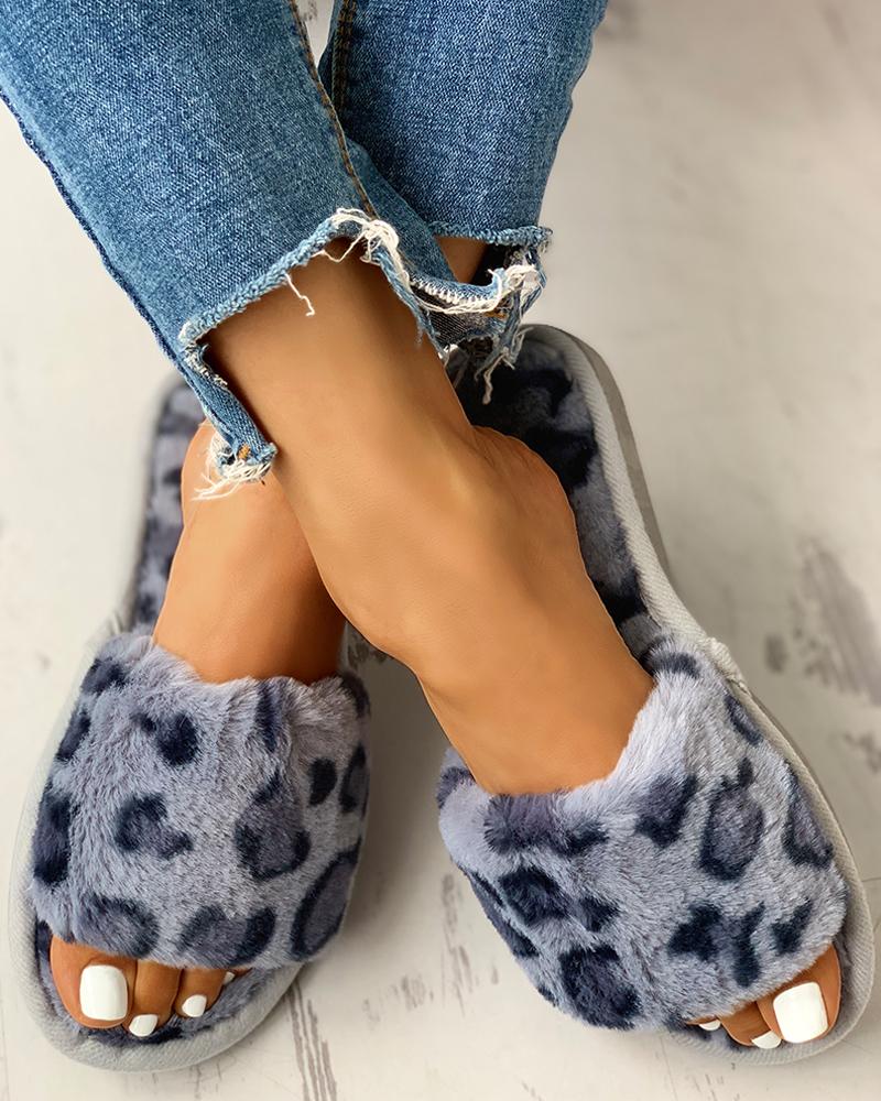 

Fluffy Leopard Open Toe Flat Slippers, Gray