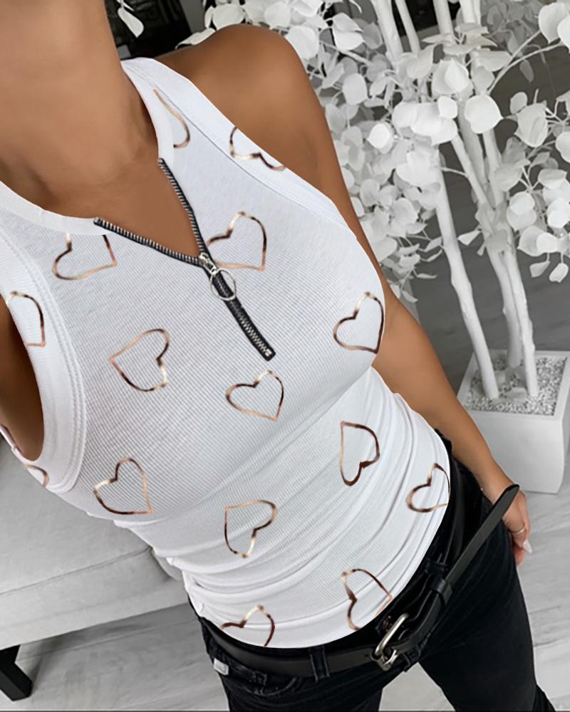 

Zip Front Heart Print Tank Tops Summer Sleeveless Basic Cami Top Shirt Slim Knit Ribbed Racerback Women Blouses White S by chicme
