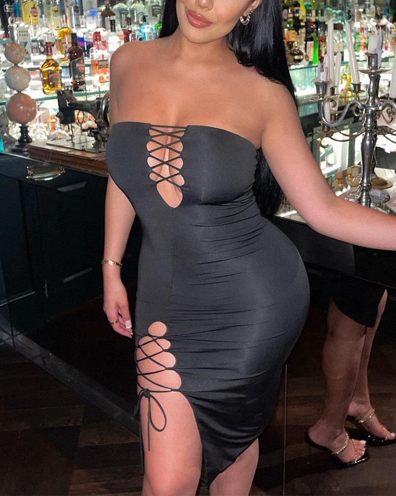 

Lace-Up Split Thigh Bodycon Tube Dress, Black