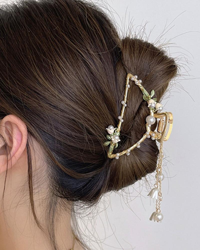 

1pc Faux Pearl Flower Decor Tassel Charm Hair Claw, Gold