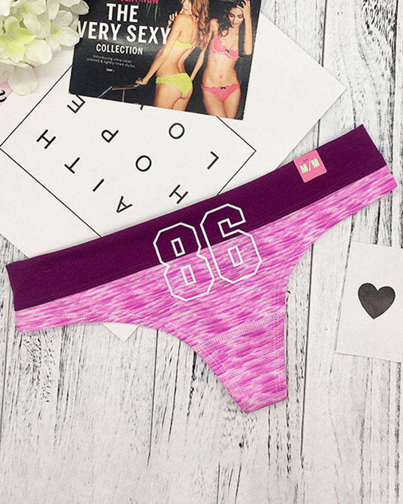

Letter Print Colorblock Thong Panty, Purple