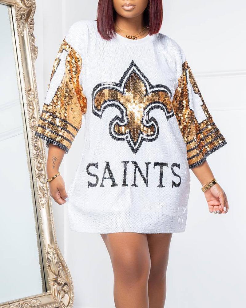 

Graphic Letter Pattern Sequin Dress, White