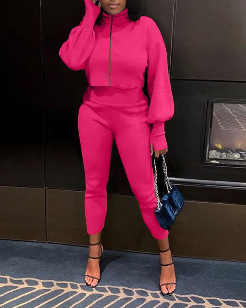 

Zip Up Thumb Hole Lantern Sleeve Crop Top & Pants Set, Hot pink