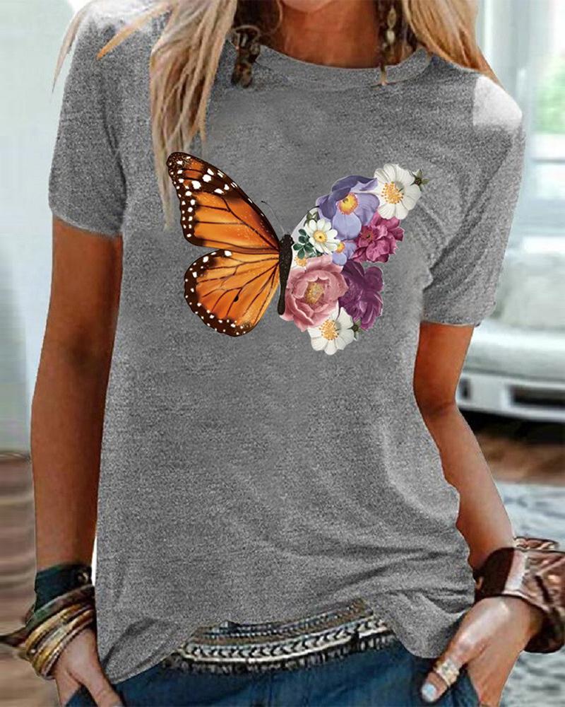 

Butterfly&Floral Print Short Sleeve T-shirts, Gray