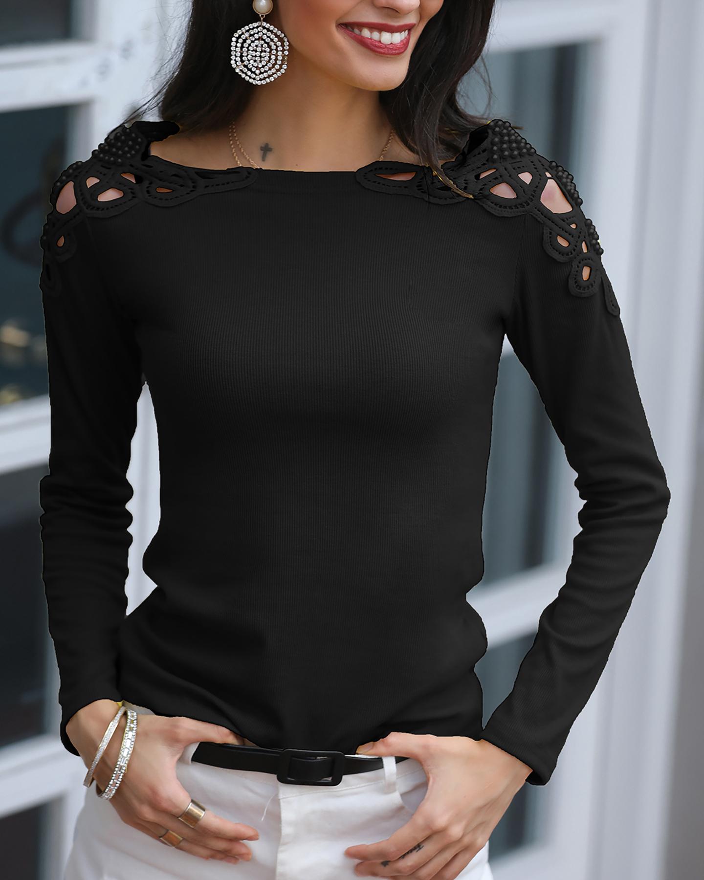 

Solid Hollow Out Pearl Beaded Blouse, Black