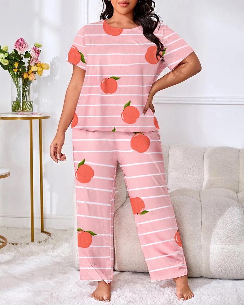 

Plus Size Striped Peach Print Round Neck Pajamas Set, Pink