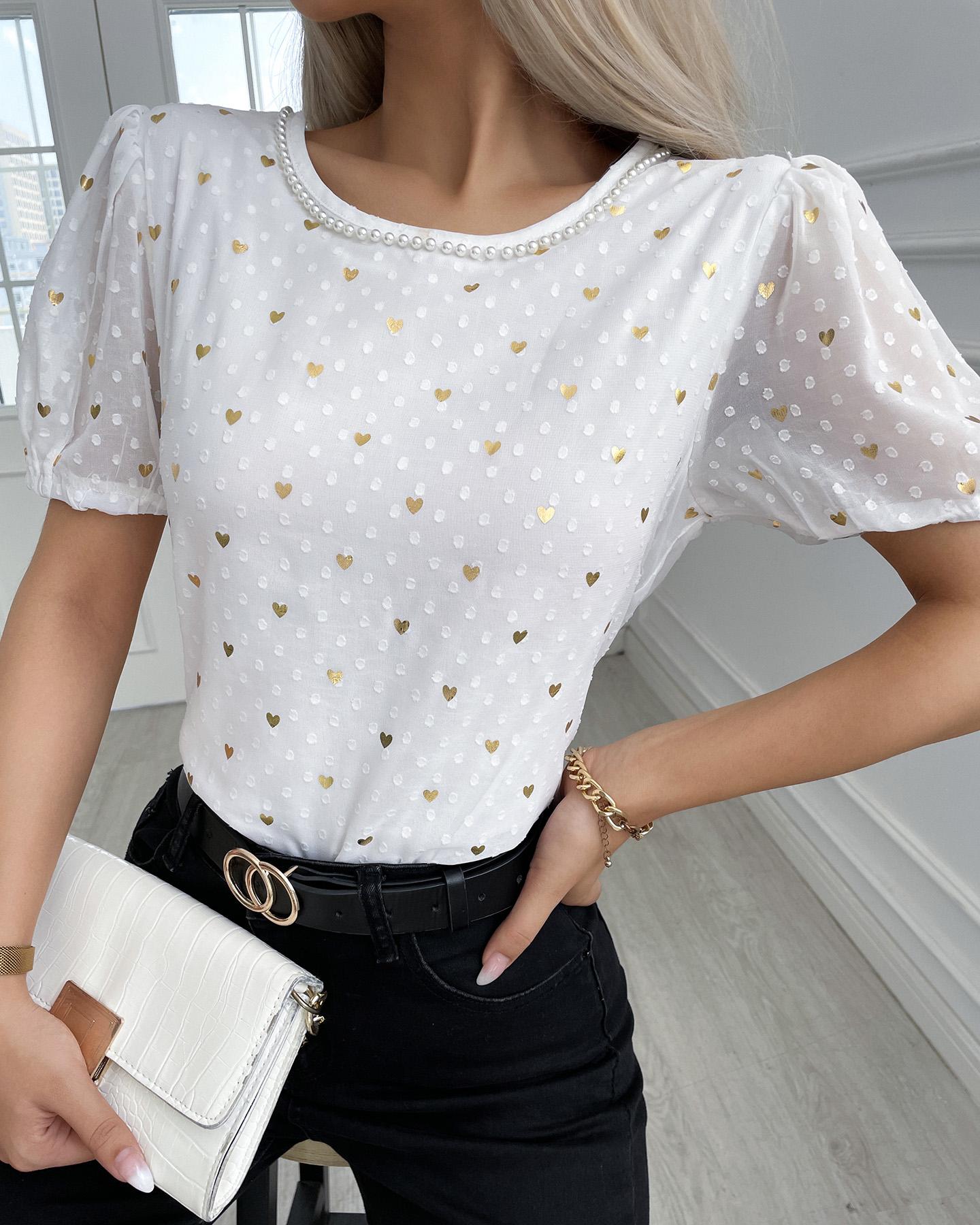 

Heart Print Swiss Dot Puff Sleeve Top, White
